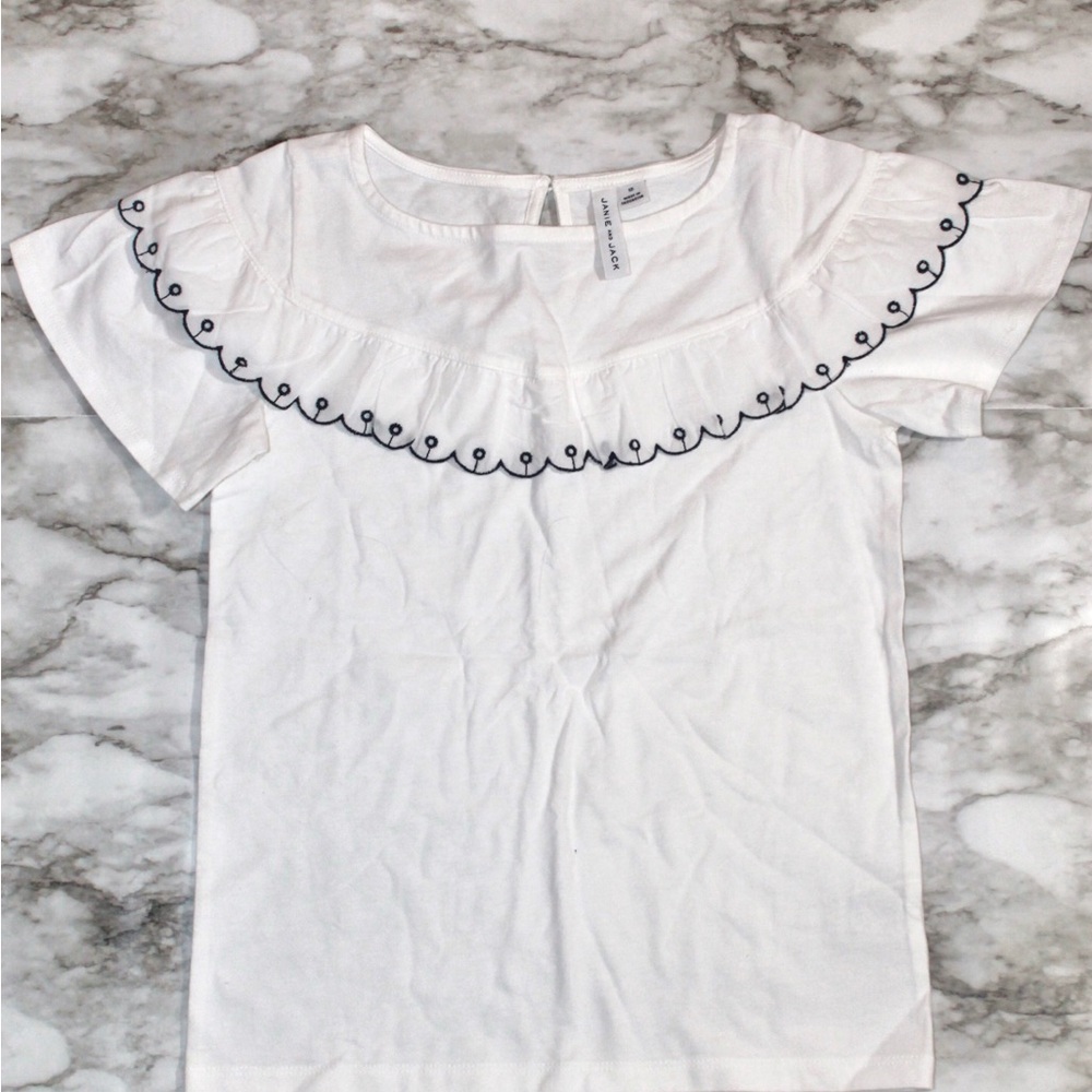Janie and Jack Girls' White Ruffle Tee with Navy Embroidery